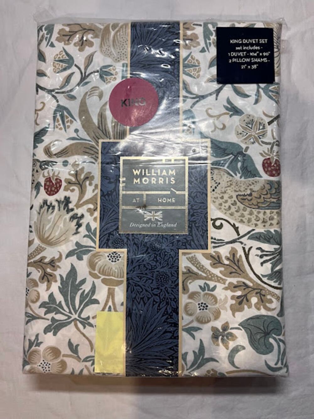 WILLIAM MORRIS Strawberry Thief Summer KING Duvet Cover 3pc Set Cotton Percale